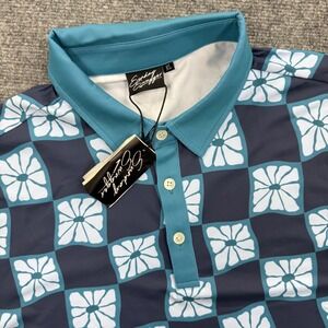 Sunday Swagger Mens XL Floral Check Golf Polo Shirt Blue White Short Sleeve NWT